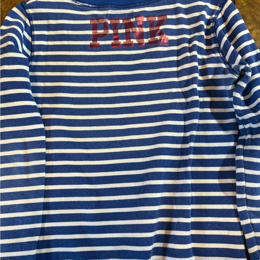 PINK Victoria Secret Blue and White Striped Kansas Jayhawks Sweatshirt - Picture 5 of 5